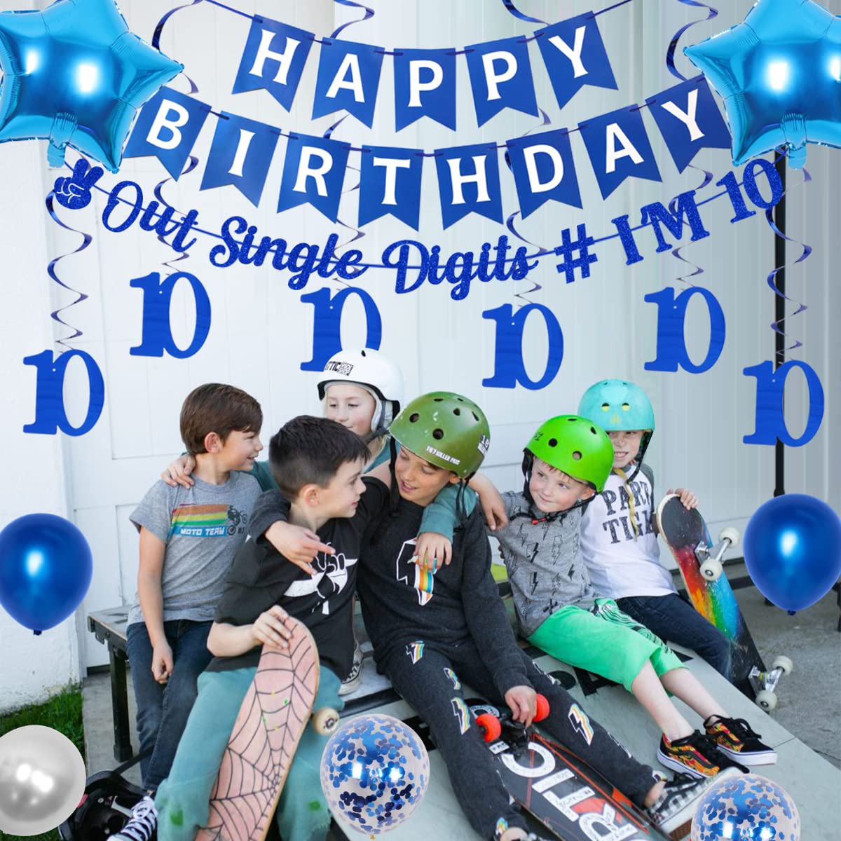 JOYMEMO 10th Birthday Decorations Blue - Peace Out Single Digits Tenth Birthday Party Supplies with Hanging Swirls & Paper Glitt