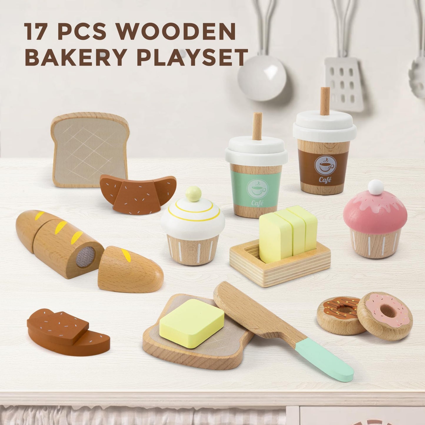 17 PCS Wooden Bakery Toy Food Playset for Kids, Pretend Picnic Play Food for Toddlers 3+, Play Kitchen Accessories with Shopping