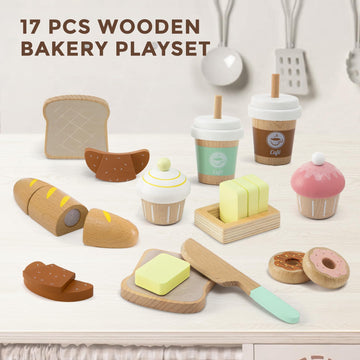 17 PCS Wooden Bakery Toy Food Playset for Kids, Pretend Picnic Play Food for Toddlers 3+, Play Kitchen Accessories with Shopping