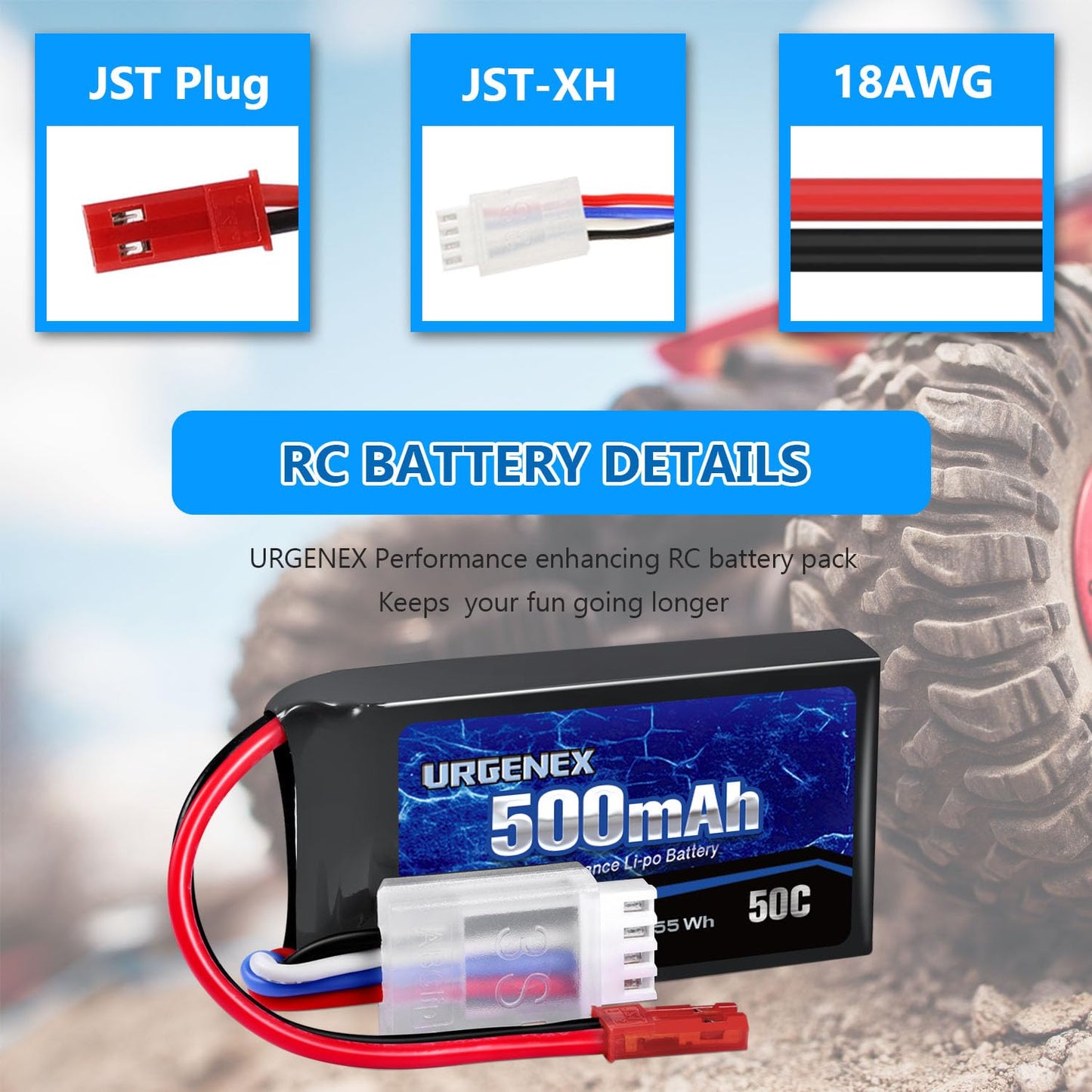 URGENEX 11.1V 500mAh Lipo Battery 3S 50C High Discharge Rate RC Battery Pack with JST Plug Rechargeable Lipos for RC Airplane Ra