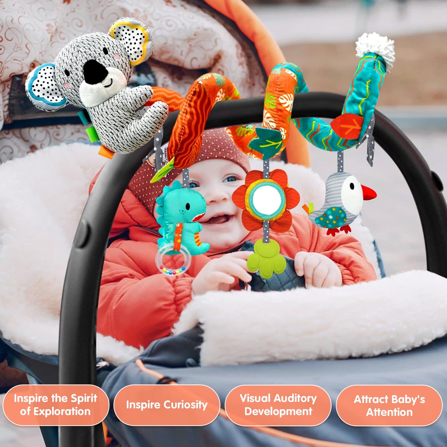 Monstime Car Seat Toys For Babies 0-6 Months, Newborn Toys Baby Toys 0-3 Months Stroller Toys, Infant Toys 0-6 Months For Carseat Stroller Crib With Mirror, Rattle, Teether For 0 3 6 9 12 Boys Girls
