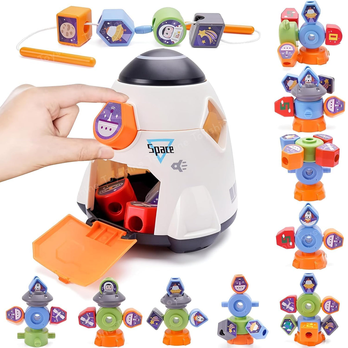 Toyshine Spaceship Shape Sorter Stacking Blocks With Lacing Beads Fine Motor Skills Developmental Early Educational Toys For 2+