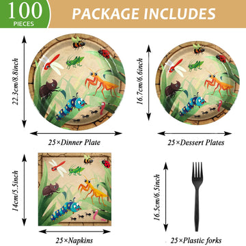 Qyeahkj 100 Pcs Bug Party Plates Napkins Supplies, Spring Summer Ladybugs Bee Reptile Birthday Party Tableware Set Insect Birthd