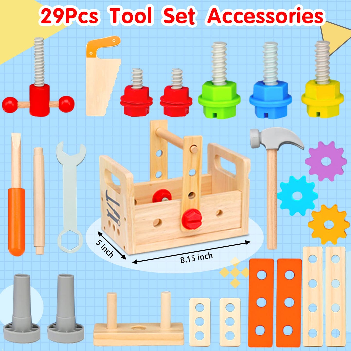 Mgtfbg Kids Tool Set - 29 PCS Wooden Toddler Tool with Box, Montessori STEM Educational Pretend Play Construction Toy for 2 3 4