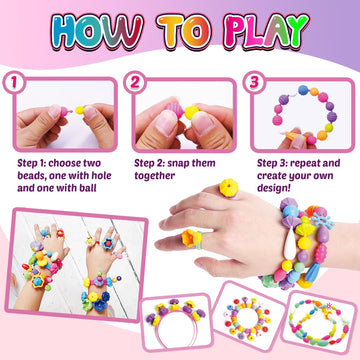 Funzbo 850Pcs Pop Beads - Jewelry Making Kit For 3 4 5 6 7 8 Year Old Little Girls, Arts And Crafts Toys For Kids, Necklace Bracelet Ring Hairband Creativity Snap Set Easter Holidays Birthday Gifts