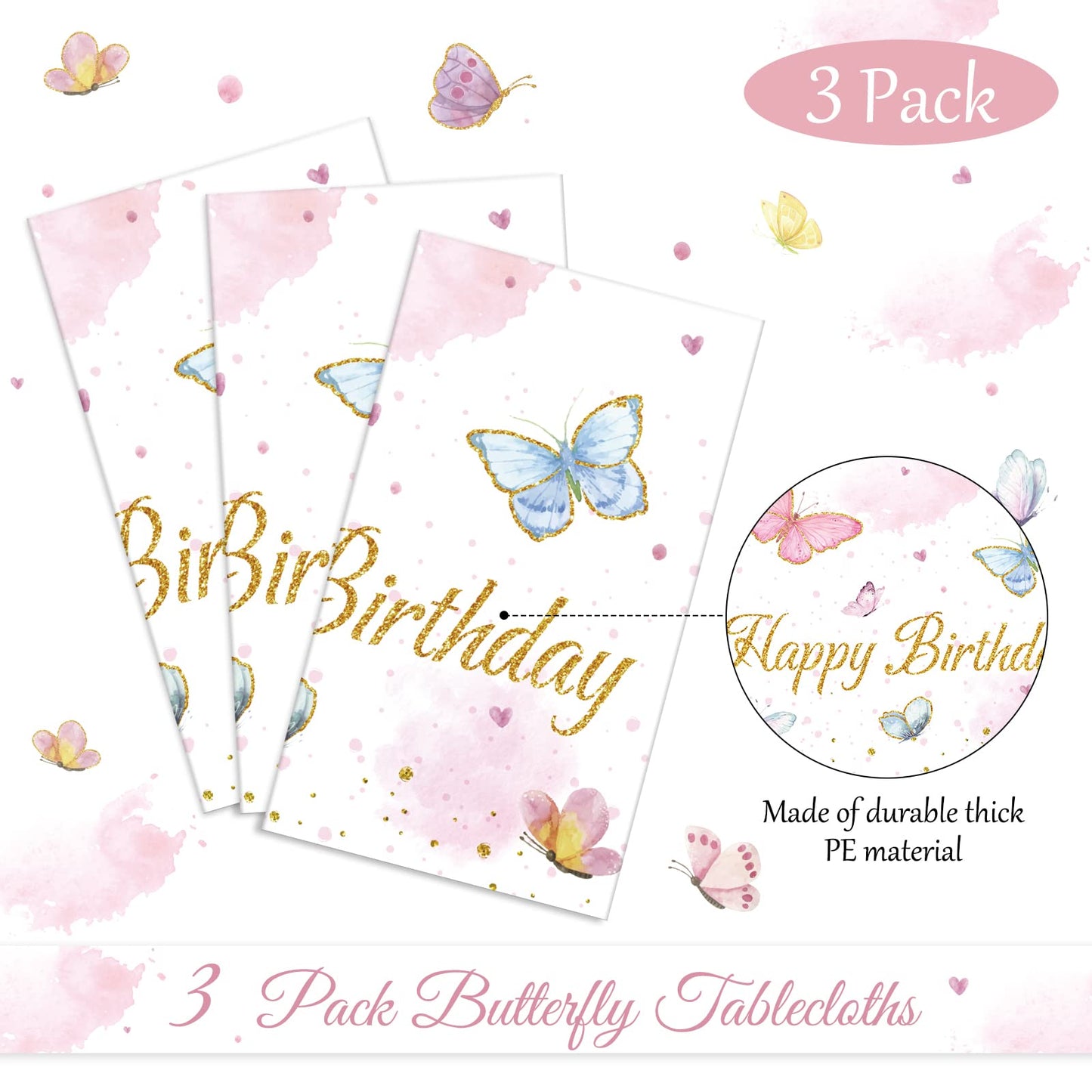 Tiamon 3 Pack Butterfly Tablecloth Birthday Party Decorations Plastic Waterproof Table Covers Rectangular Disposable Decor 108 x