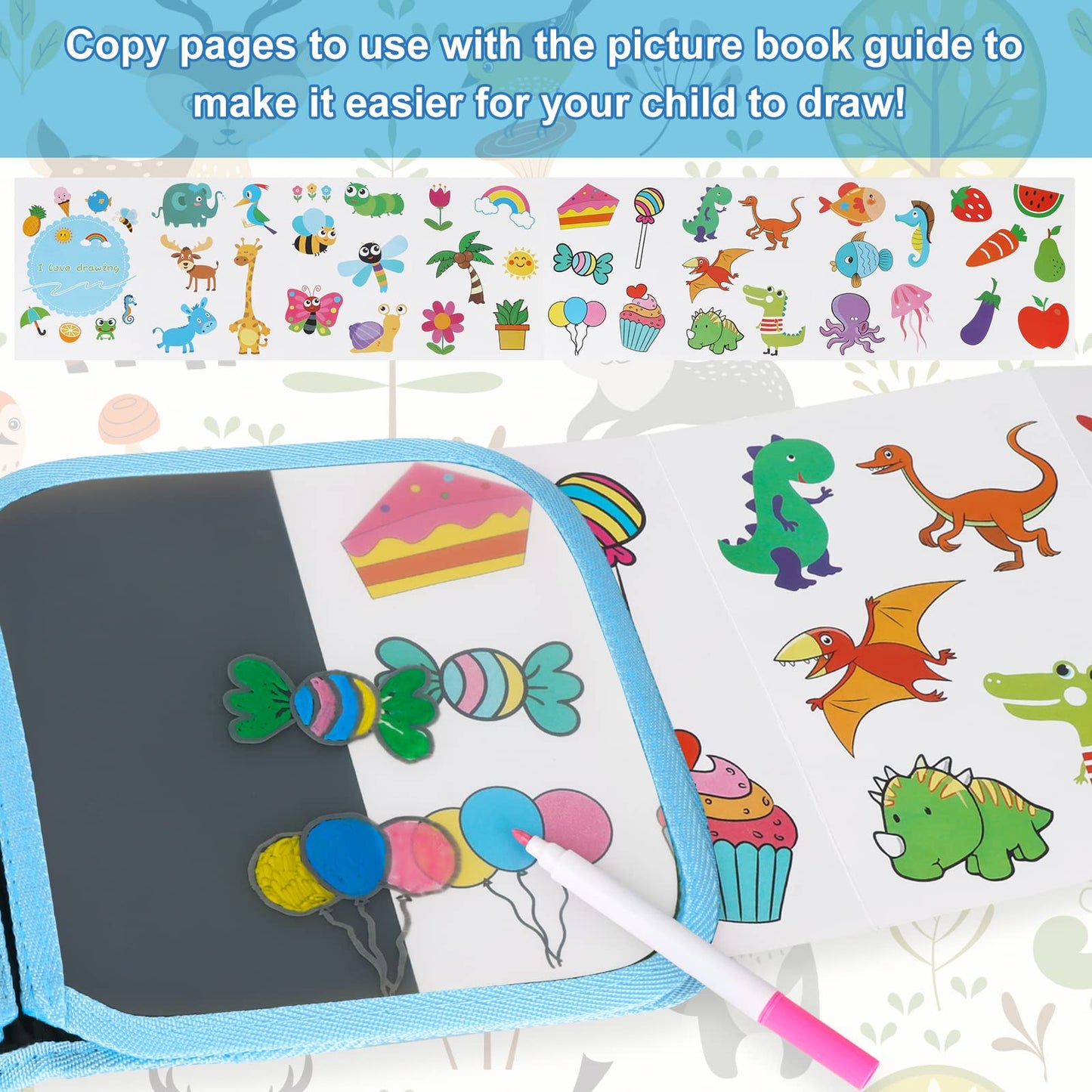 Qrytoi Erasable Kids  Doodle Set, Magic Drawing Book, Reusable 12 Watercolor Pens, 14 Page Car Game Set (Owl Blue)