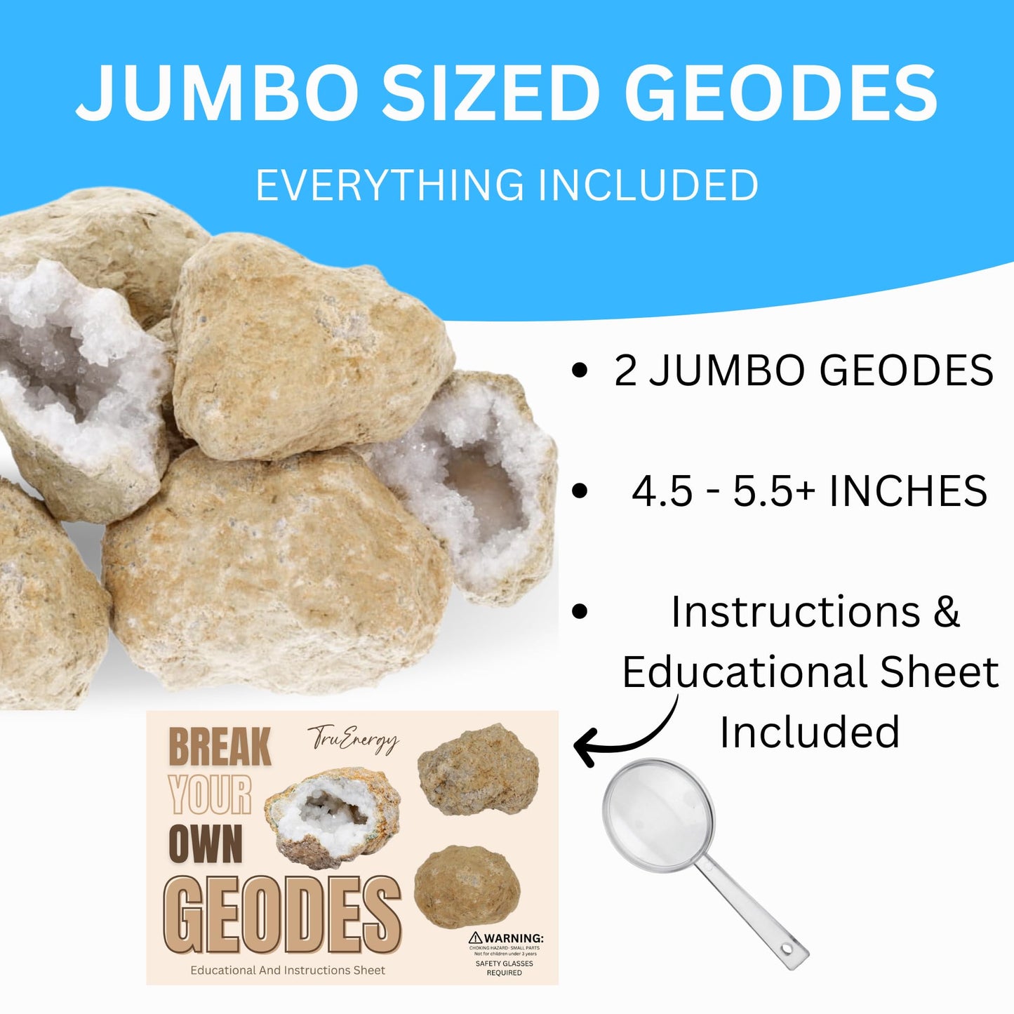 TRUENERGY Jumbo Break Your Own Geodes 2 (4.5 -5.5) enhanced Easy to Open Geode with Crystals - Includes Magnifying Glass and Instructions  STEM Science Kit