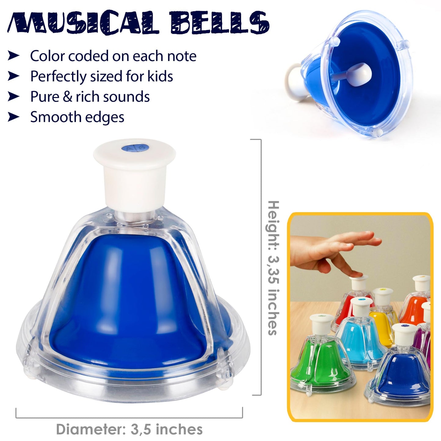 MINIARTIS Desk Bells Set - 8 Notes Colorful Metal Hand Bells with 15 Songbook - Educational Musical Toy for Toddlers