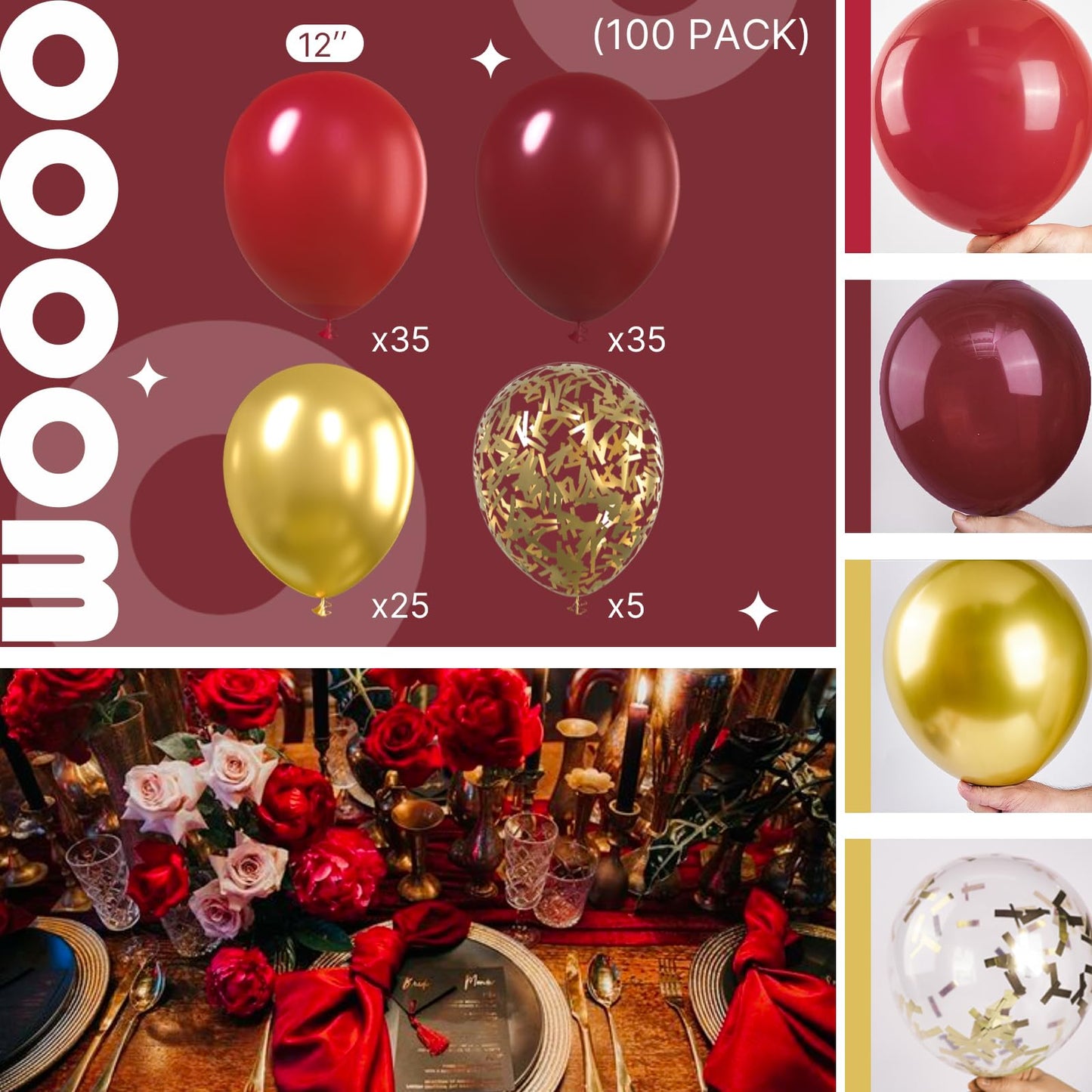 Partywoo Red And Gold Balloons, 100 Pcs 12 Inch Pack Of Ruby Red Balloons, Burgundy Balloons And Gold Balloons, Latex Balloons For Birthday Decorations, Party Decorations, Christmas Decorations