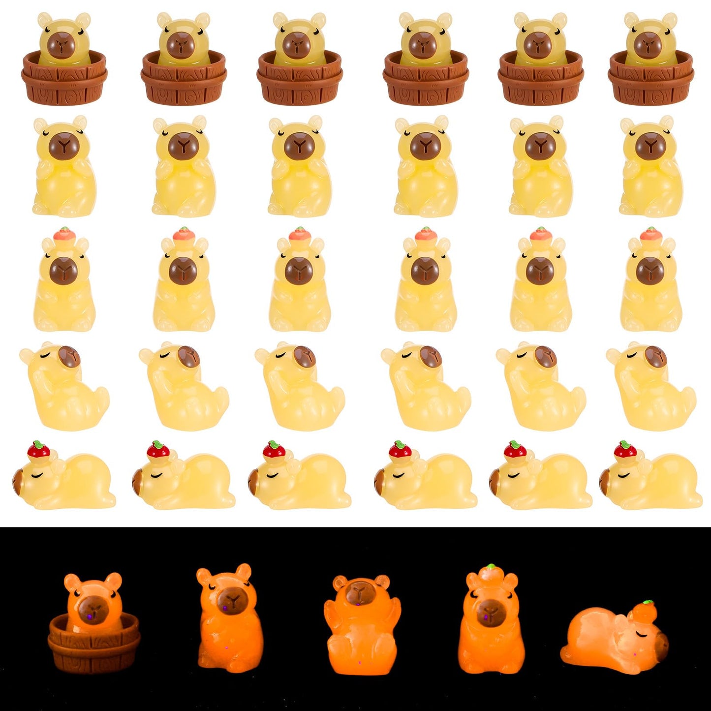 GGSTDDUP 30pcs Mini Resin Capybara Figurines  Luminous Tiny Capybara  Miniature Capybara Figures Glow in The Dark Capybara Birthday Decorations for Dollhouse Fairy Garden Aquarium (5 Styles)