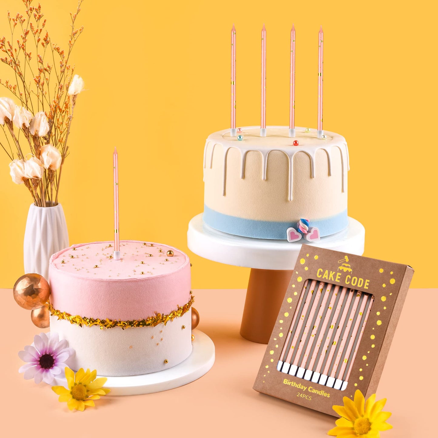 CAKE CODE 24-Count Pink Gold Long Thin Birthday Candles, Cake Candles, Birthday Parties, Wedding Decorations, Party Candles