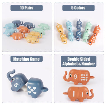Chelpopo 10Pcs Elephant Number & Alphabet Learning Toys For Toddlers 2-4, Toddler Preschool Learning Activities, Educational Mon