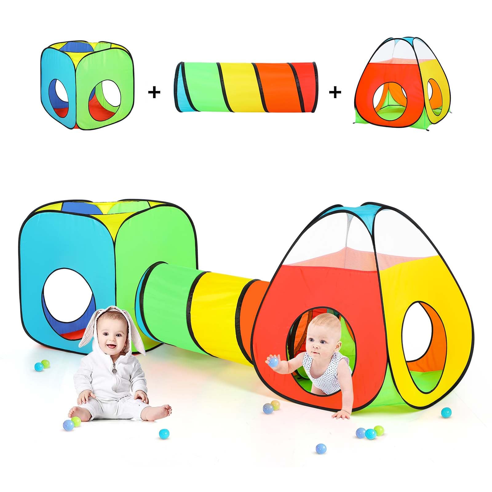 3Pc Kids Tent For Toddler Play With Crawl Tunnel+Ball Pit+Pop Up Tent, Colorful Kids Playhouse For Boys And Girls Indoor And Outdoor Games, Foldable Children Play Tent Toy For Baby Infant As Gifts