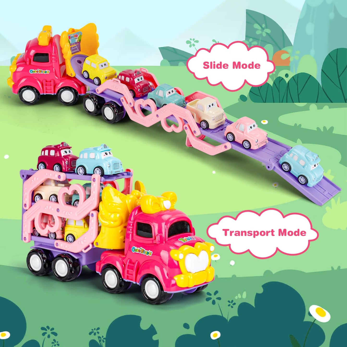 Lovinkiki Toddler Car Toys for 1, 2, 3+ Year Old Girls, 7-in-1 Carrier Truck for Age 1 2 3 with Light & Music 3-Layer Transport