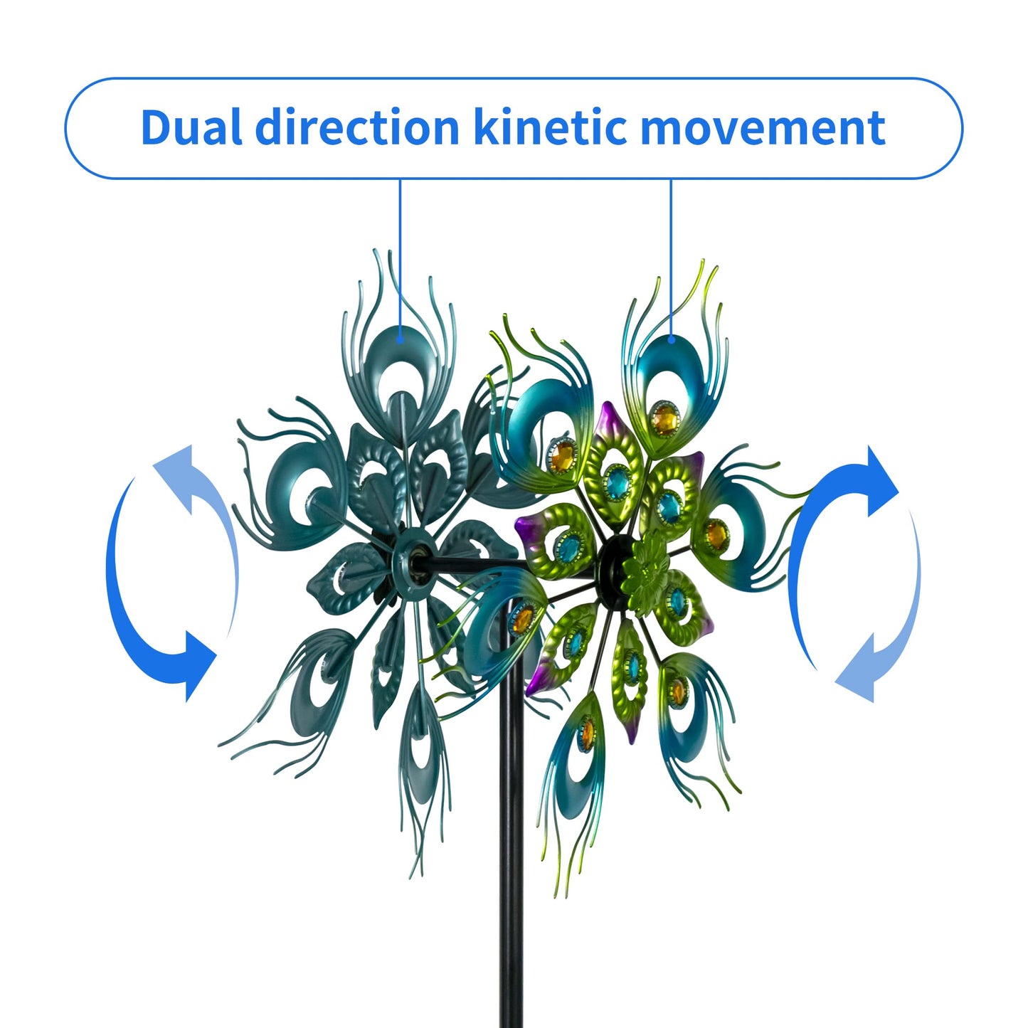 Roaming Light Peacock Wind Spinner, 48Inch Double Wind Sculpture, Wind Sculptures & Spinners Outdoor Metal Stake Yard Spinners,