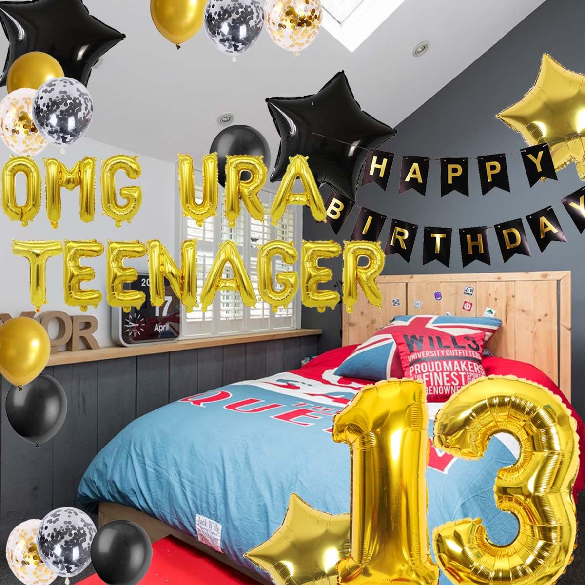 Official Teenager 13Th Birthday Decorations Black Gold For Boys, Omg Ur A Teenager Balloons Birthday Banner Number 13 Birthday F
