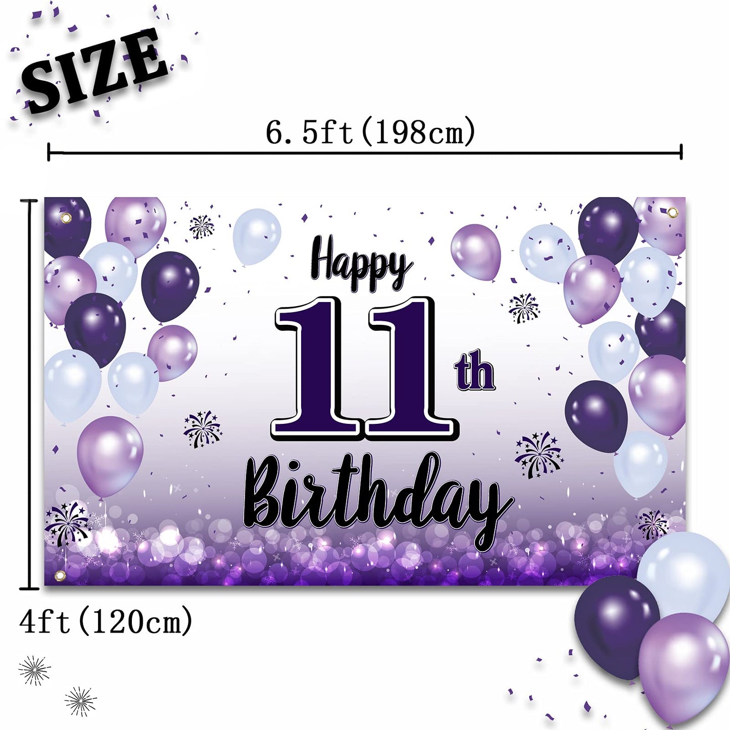 LASKYER Happy 11th Birthday Decorations,11th Purple Balloon Large Birthday Banner Backdrop Sign,Cheers to Eleven Years Old Bday