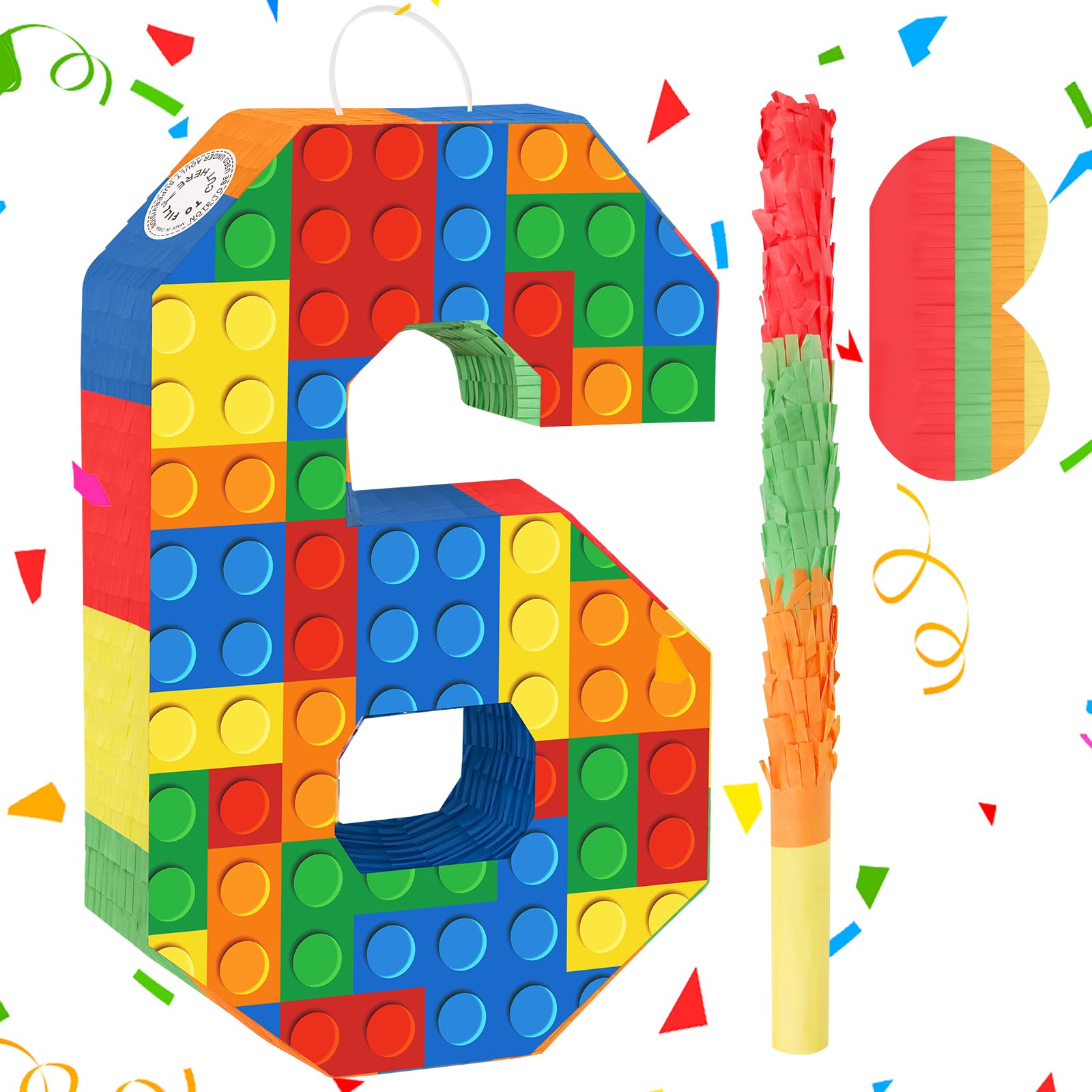 Building Blocks 6th Birthday Party Decorations Number 6 Pinata with Pinata Stick & Blindfold for Kids Girls Boys Happy Birthday 