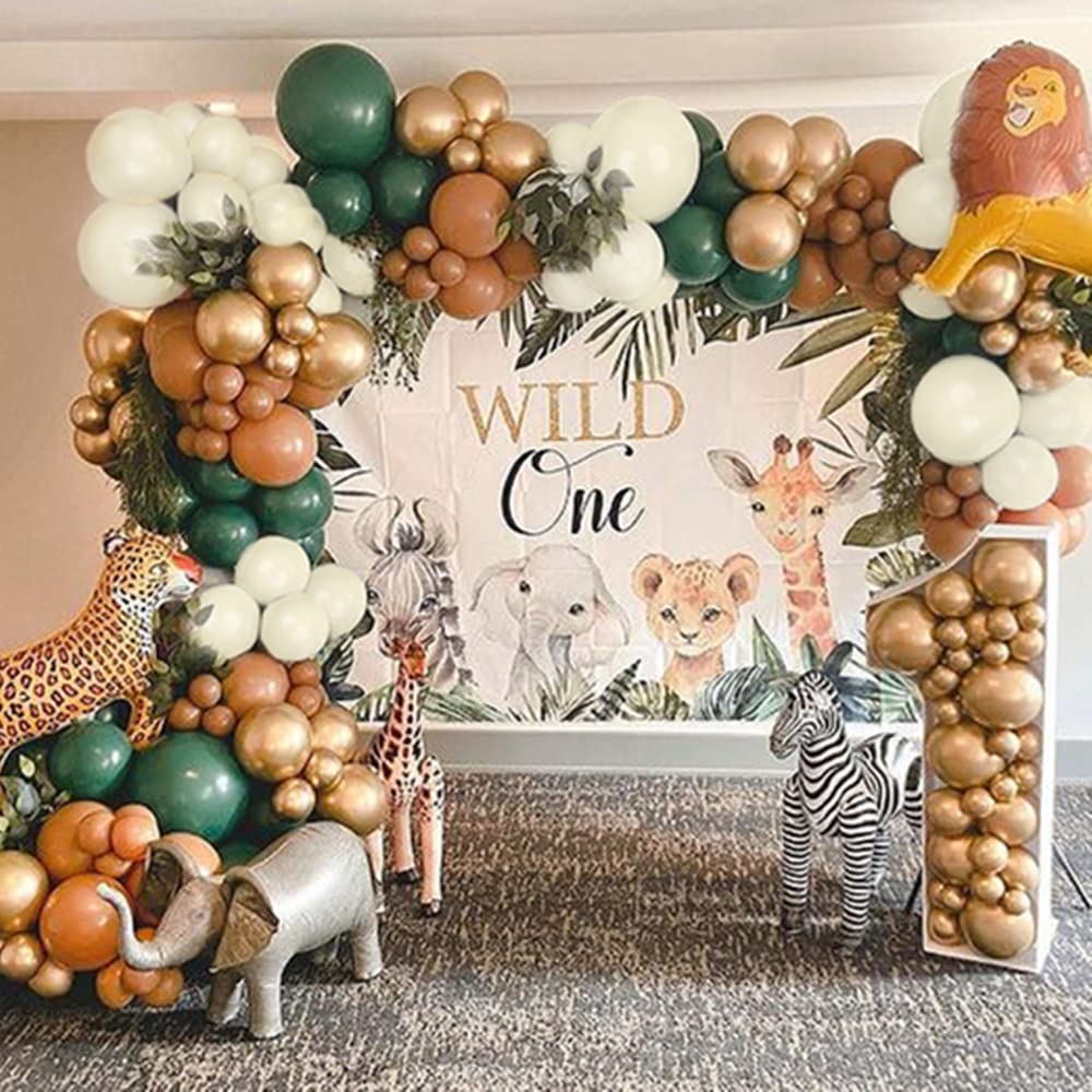 128Pcs Safari Jungle Balloon Garland Arch Kit- Sage Green And Brown Balloons With Animal Print For Wild One Tropical Theme Party