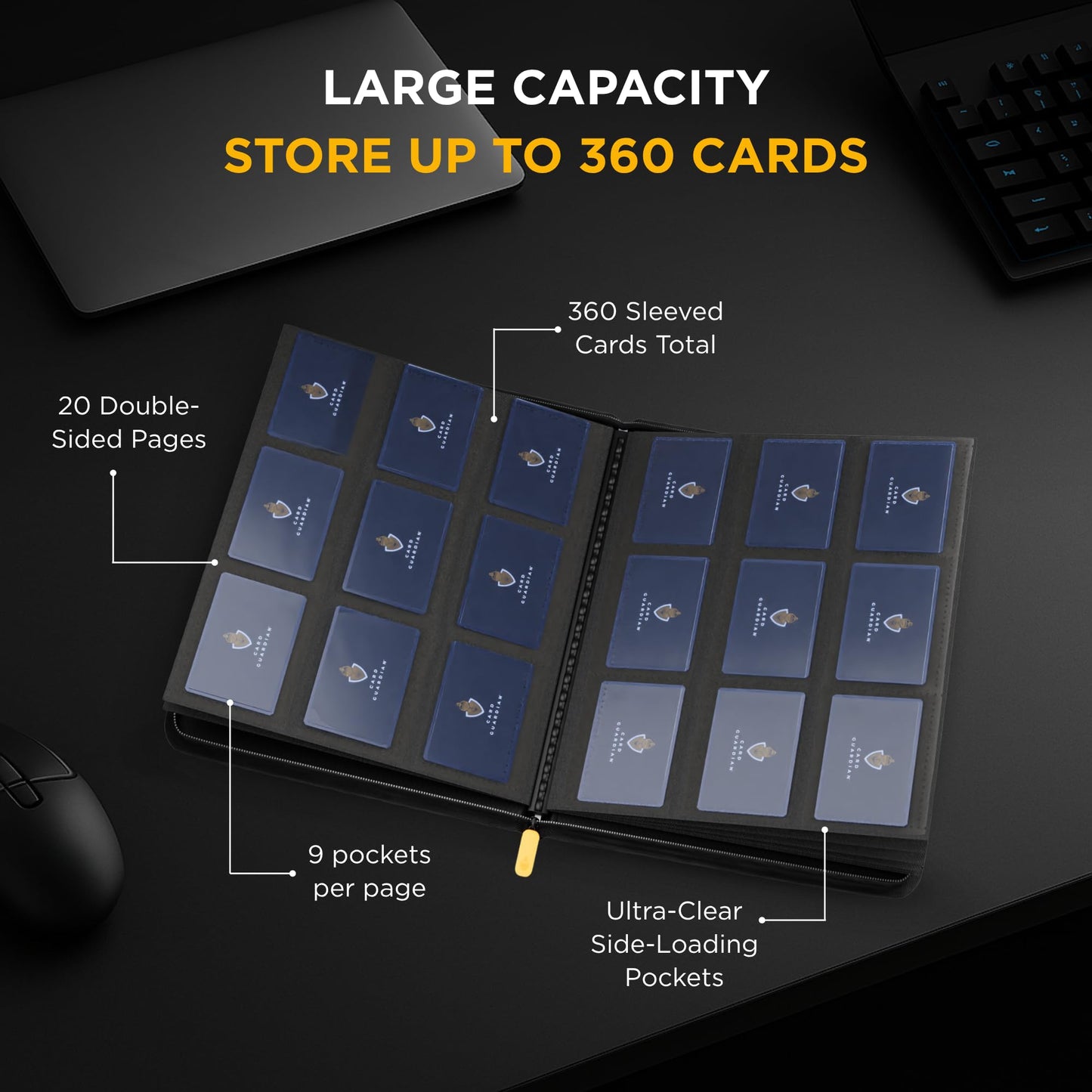 Card Guardian - 9 Pocket Premium Black Card Binder With Zipper For 360 Cards - Trading Card Binder With Side Loading Pockets For
