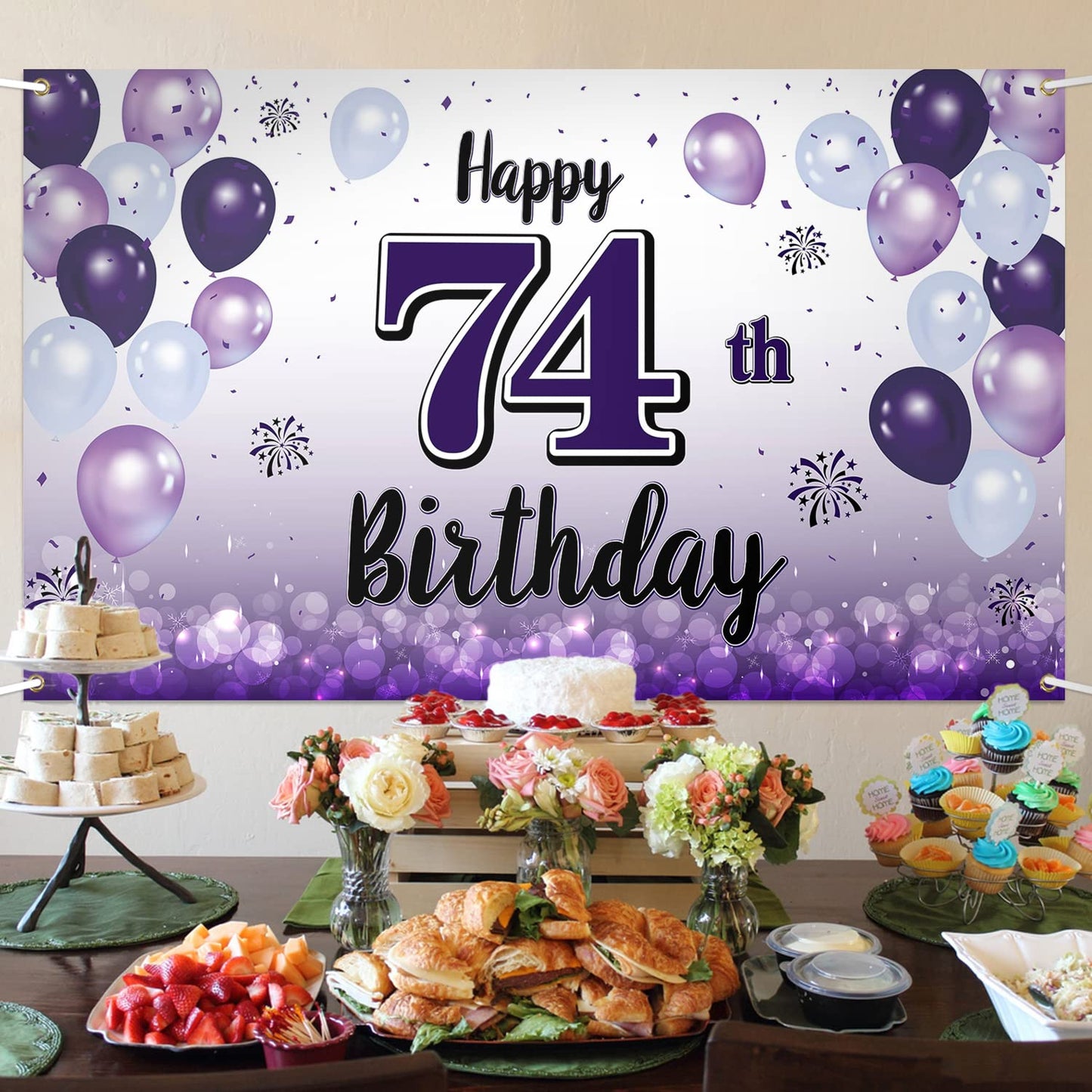 LASKYER Happy 74th Birthday Decorations,74th Purple Balloon Large Birthday Banner Backdrop Sign,74 Years Old Bday Party Supplies