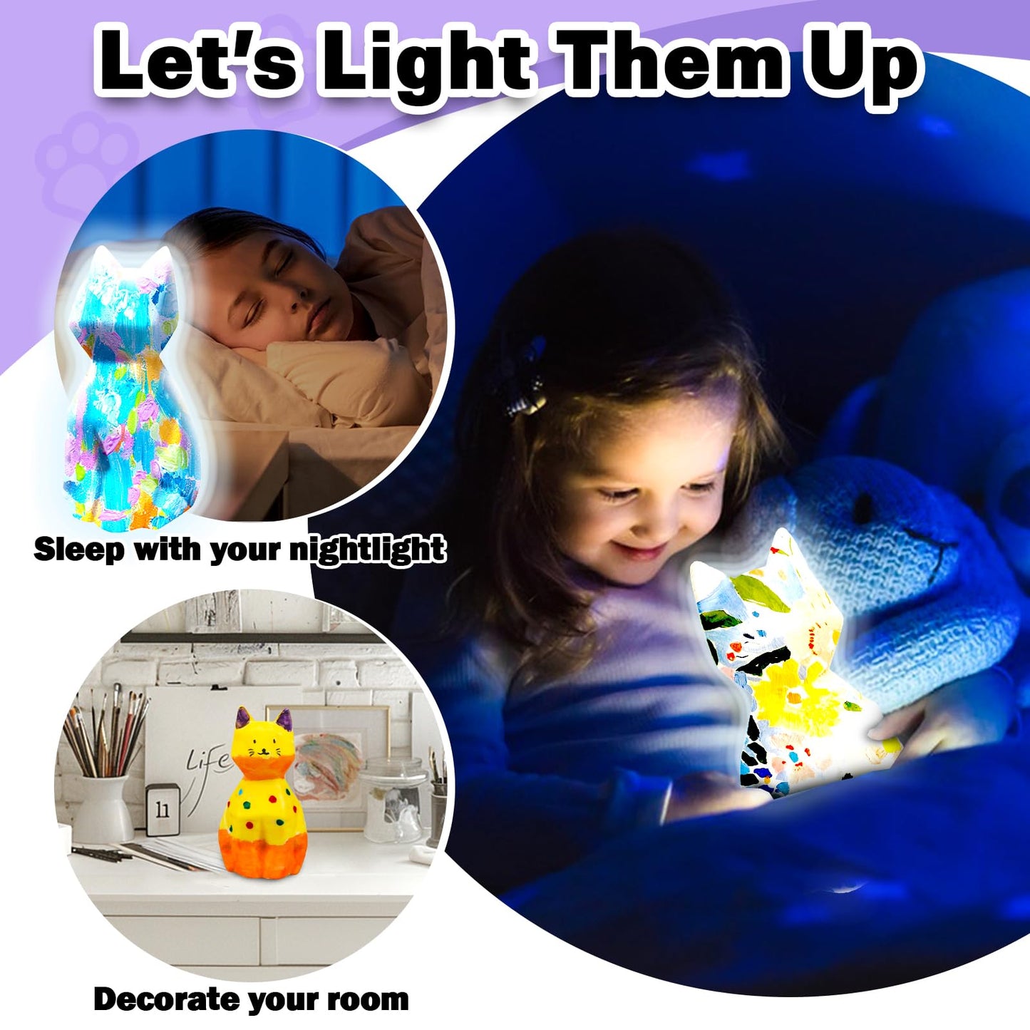 FUNZBO 2pcs Paint Your Own Cat Lamp - Arts and Crafts Supplies Kitten Painting Kits for Kids Teens Adults, DIY Night Light Toy f