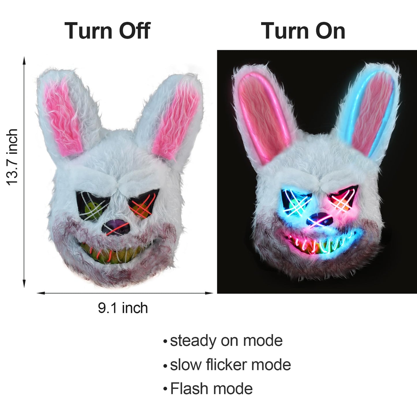 ZONESTA Purge Mask Light Up,LED Scary Furry Bunny Mask Bloody Plush Creepy Cosplay Halloween Costumes