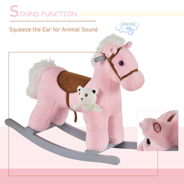 Qaba Kids Plush Ride-On Rocking Horse With Bear Toy, Children Chair With Soft Plush Toy & Fun Realistic Sounds, Pink