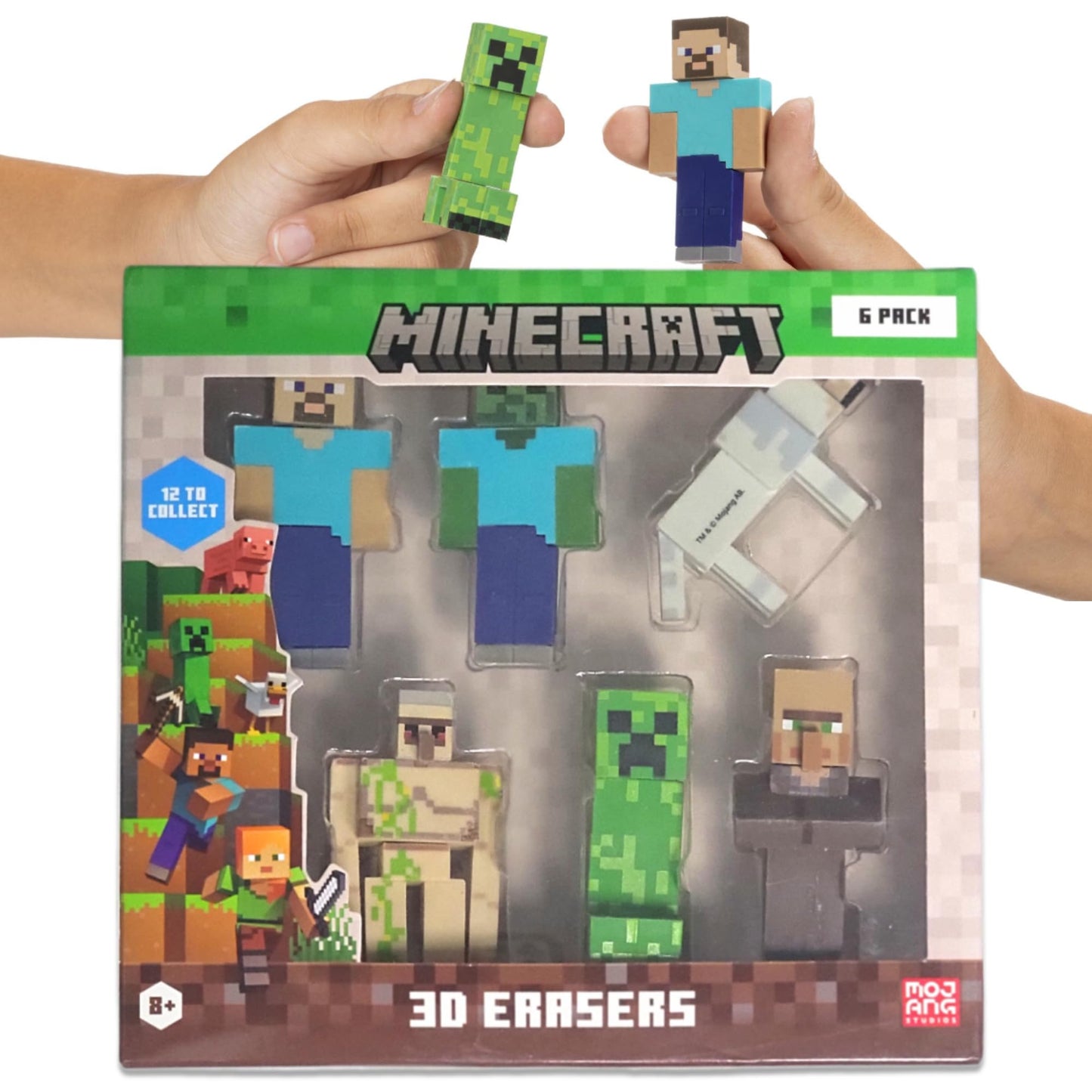Mine Craft 3D Erasers, 6-Pack Deluxe Collector Set, 12 Iconic Characters to Collect, Own The Entire Series (Steve,Iron Golem,Vil