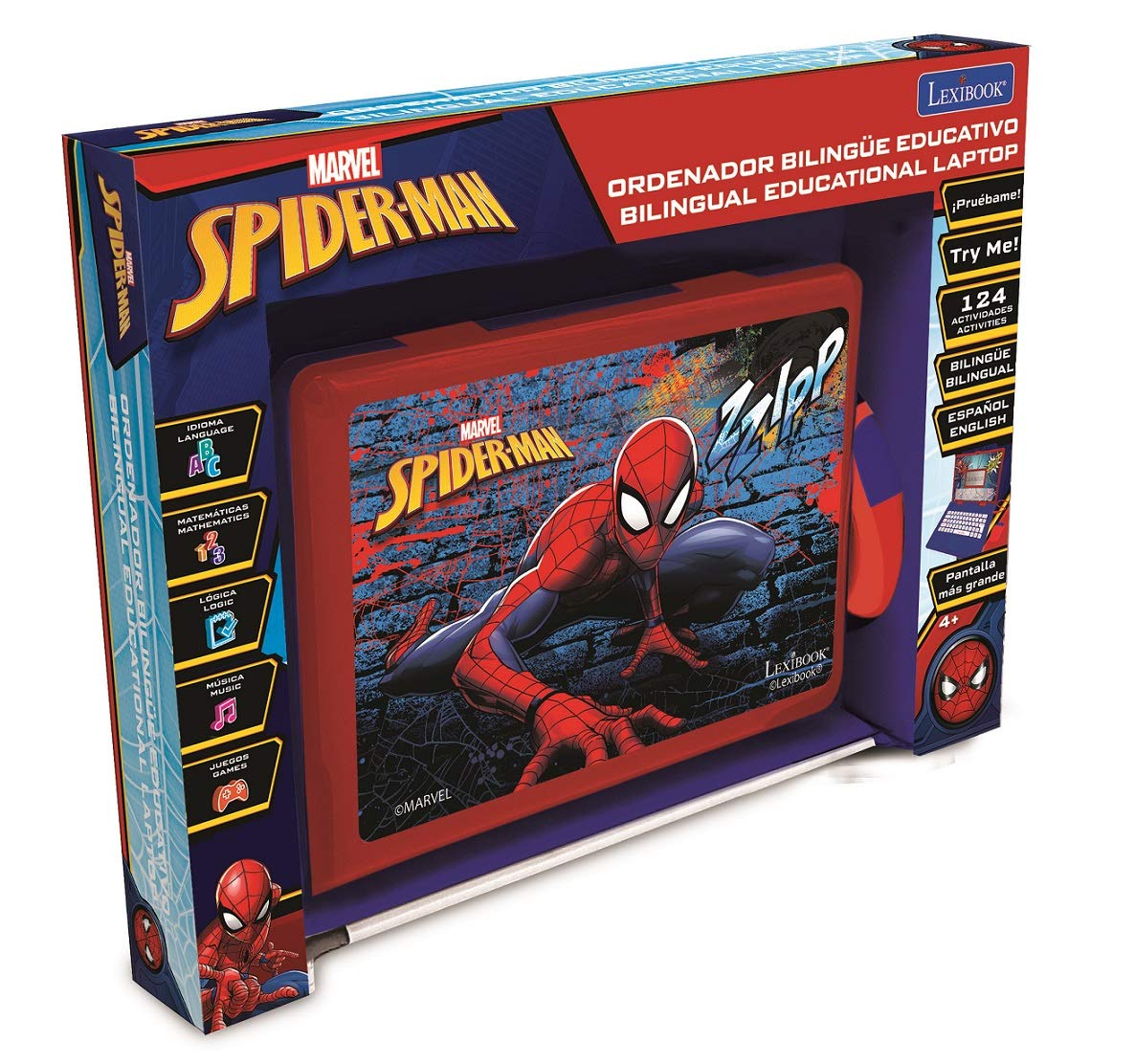 Lexibook Spider-Man - Educational And Bilingual Laptop Spanish/English - Toy For Child Kid (Boys & Girls) 124 Activities, Learn Play Games And Music With Spiderman - Red/Blue Jc598Spi2
