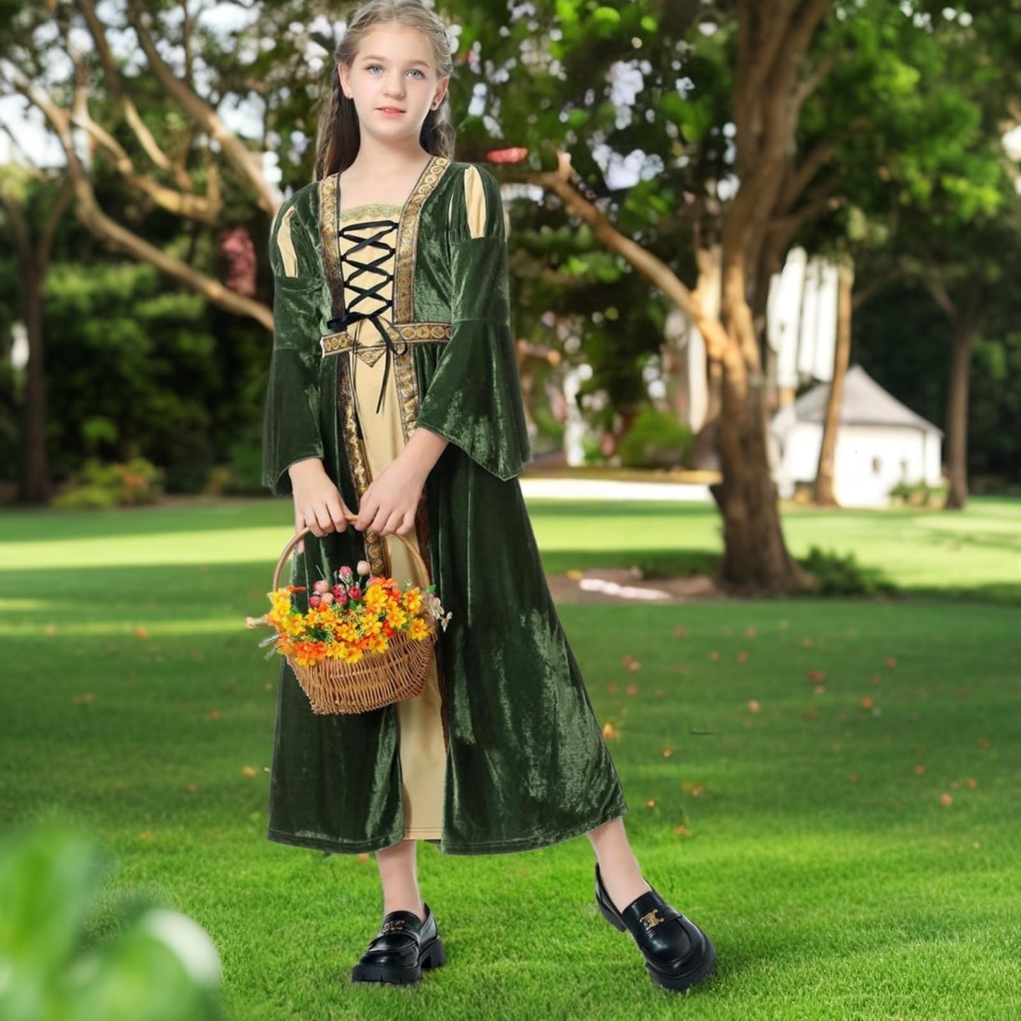 Colorful House Girls Renaissance Dress Medieval Dress Royalty Princess Child Dress Up Fancy Costume For Halloween(10-12Y,Green)