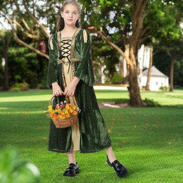 Colorful House Girls Renaissance Dress Medieval Dress Royalty Princess Child Dress Up Fancy Costume For Halloween(10-12Y,Green)