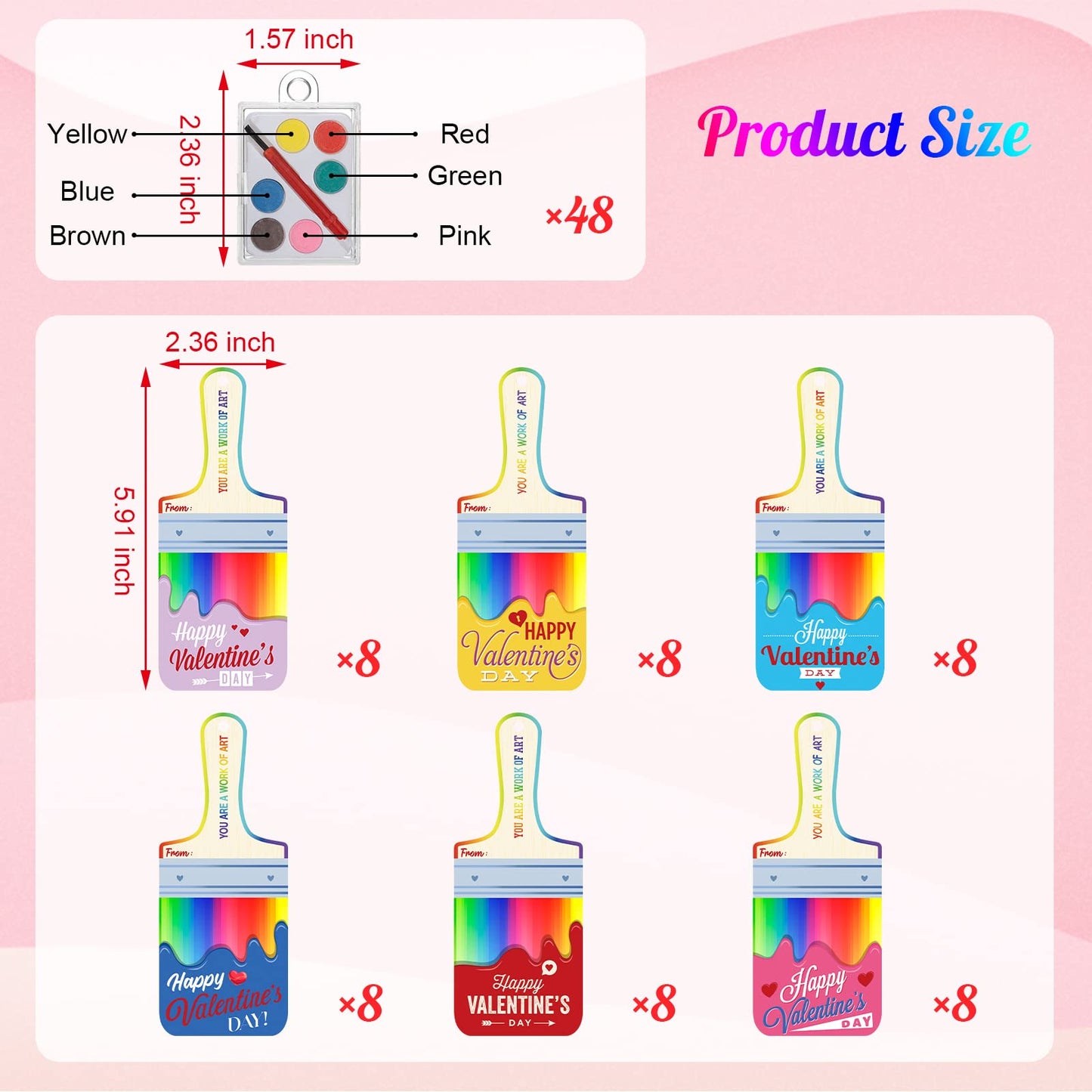 Woanger 48 Pack Valentines Cards with Watercolor Paint Bulk Valentines Day Gifts for Kids Mini Paint Set Funny Valentine Exchang