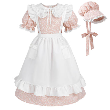 LTAKK Pioneer Dress Girls Colonial Costume Prairie Pilgrim Girl Dresses with Ruffled Pinafore, Peach, Small, age over 4 years ol