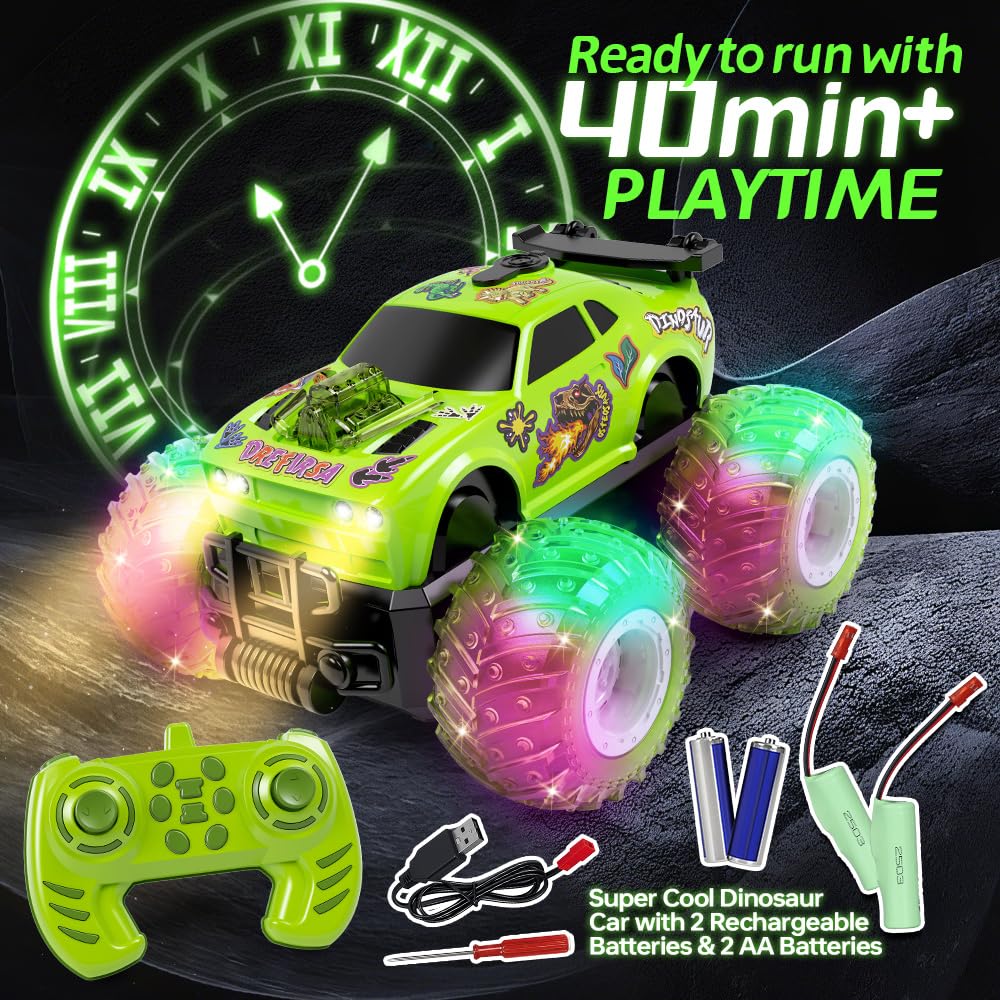 Drefirsa Remote Control Car For Toddler, Monster Truck For Boy Age 4-7 With Dinosaur Diy Sticker, Headlight, Colorful Light, Spi