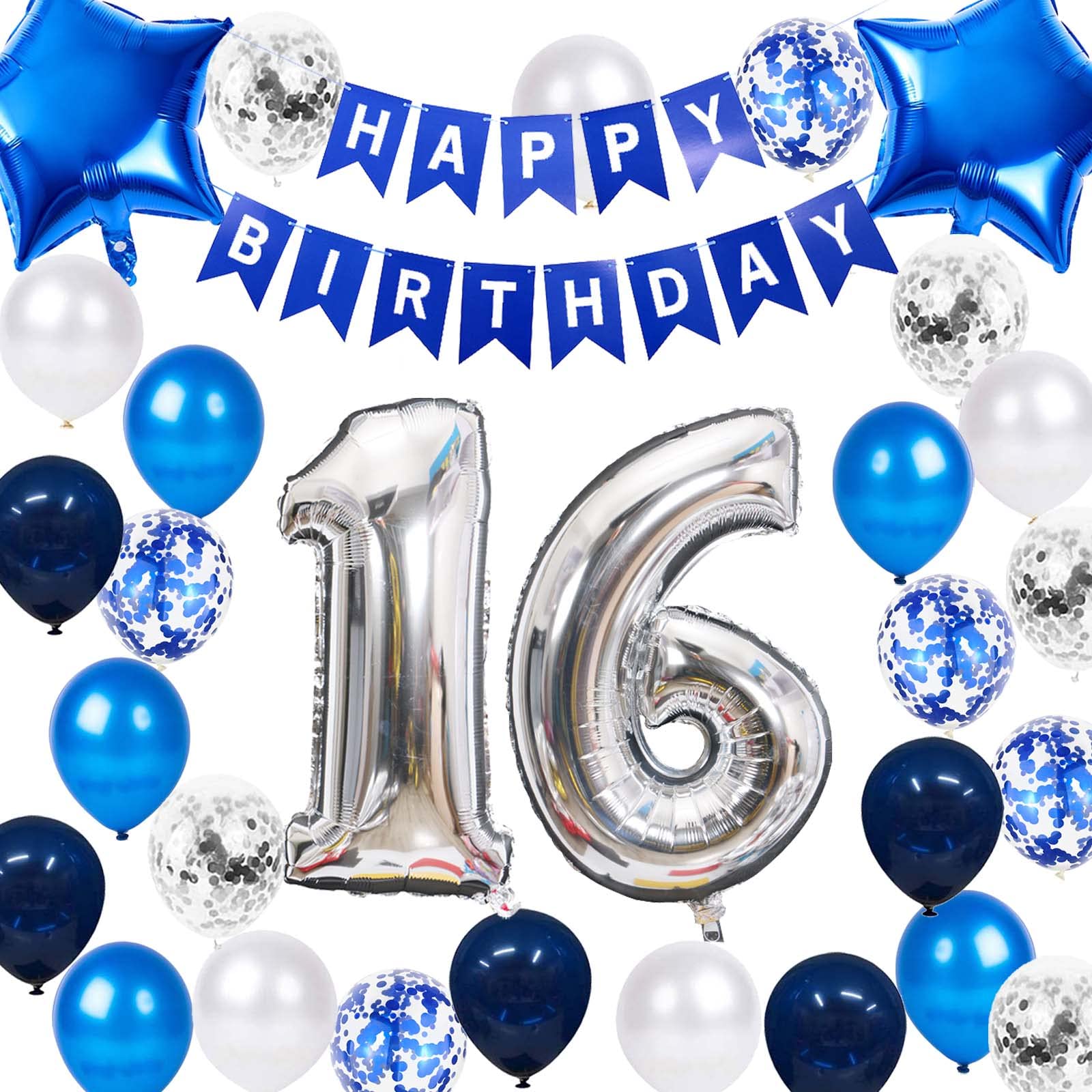 16Th Birthday Party Decoration For Boys, Happy Birthday Banner Blue Number 16 Birthday Balloons 16Th Birthday Latex Confetti Bal