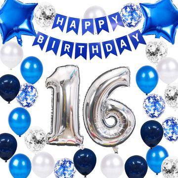 16Th Birthday Party Decoration For Boys, Happy Birthday Banner Blue Number 16 Birthday Balloons 16Th Birthday Latex Confetti Bal