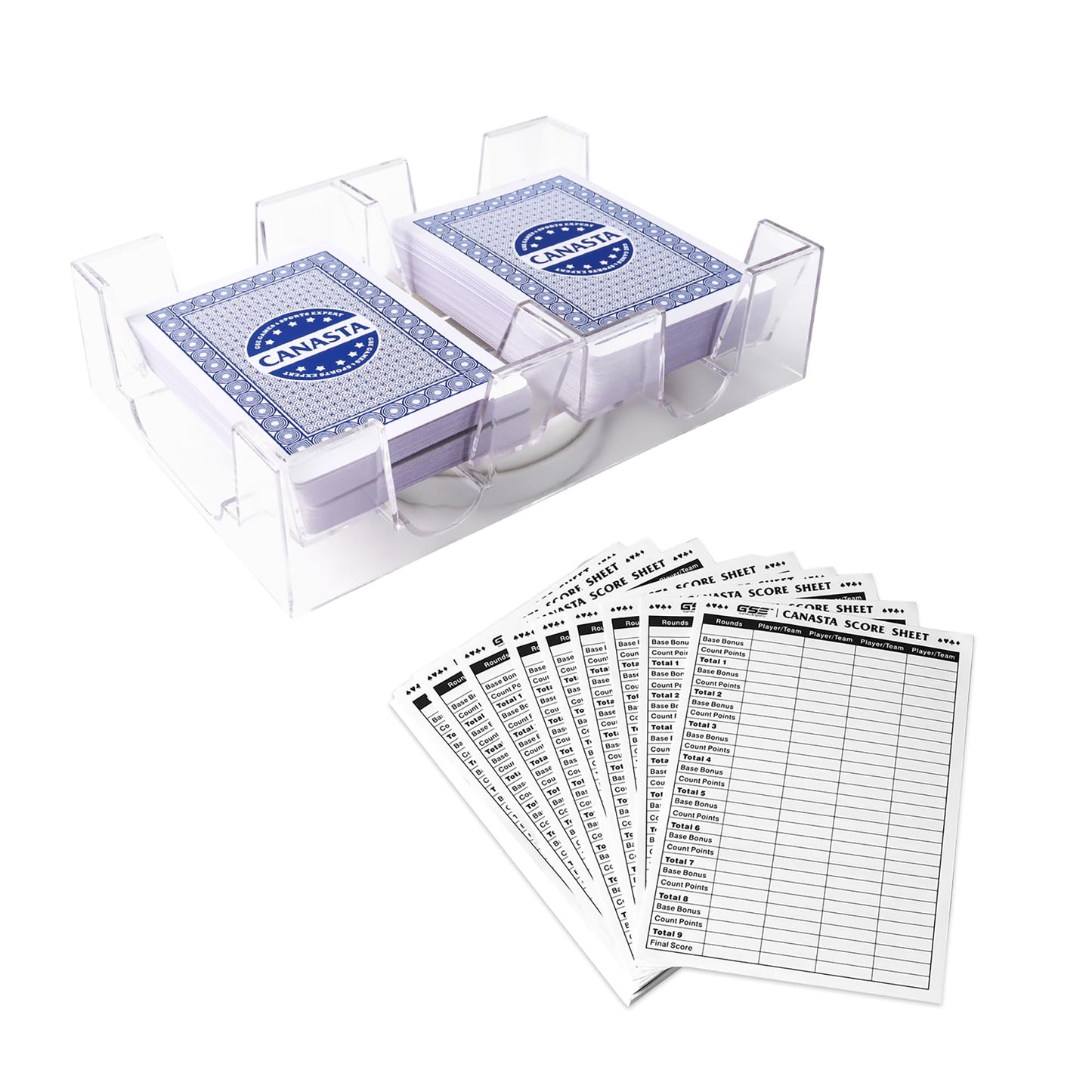 Gse Games & Sports Expert Canasta Cards Game Set, Includes 2 Decks Canasta Playing Cards With Point Values, A Revolving Card Tray, And 50 Canasta Score Sheets (Blue)