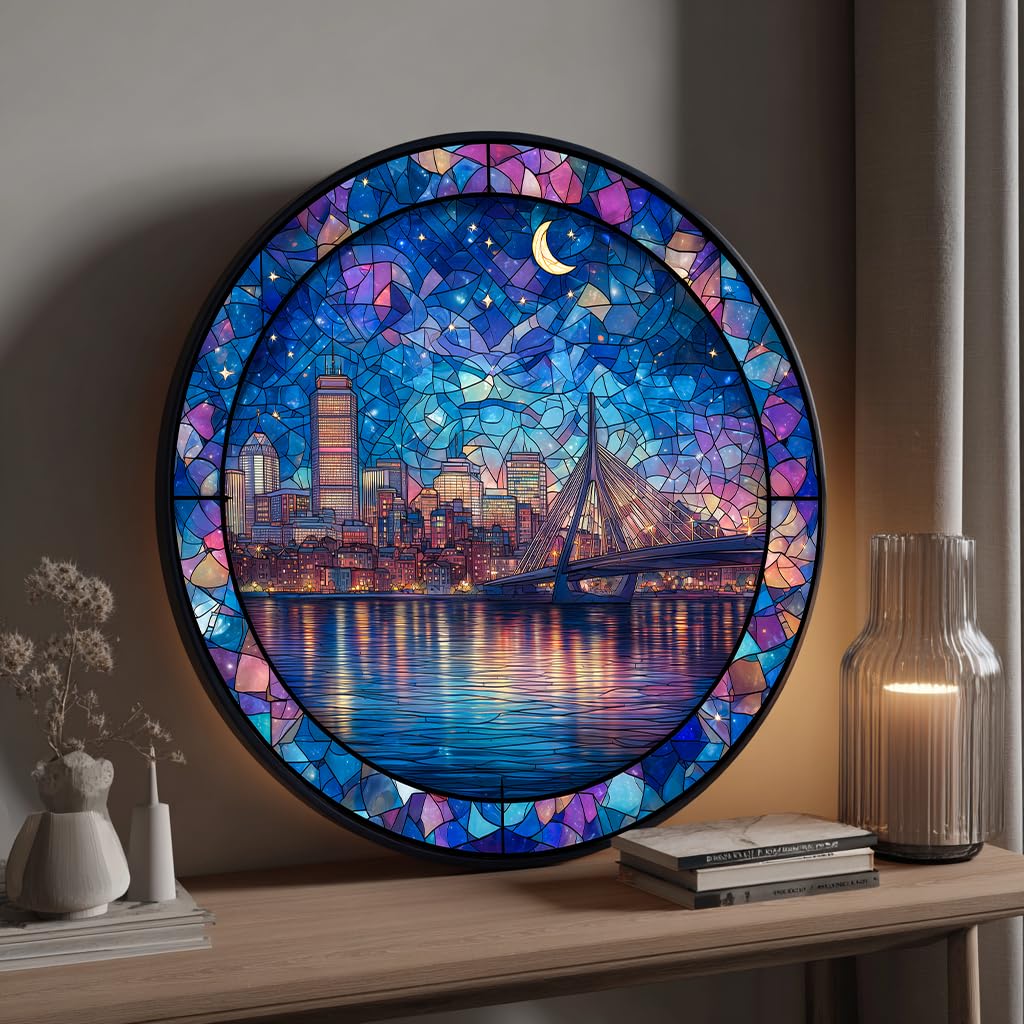Bgraamiens 1000 Piece Jigsaw Puzzles for mature-themeds - Stained Glass Boston Skyline - Moonlit City View with Bridge and Reflections - Artistic Nighttime Challenge Gift