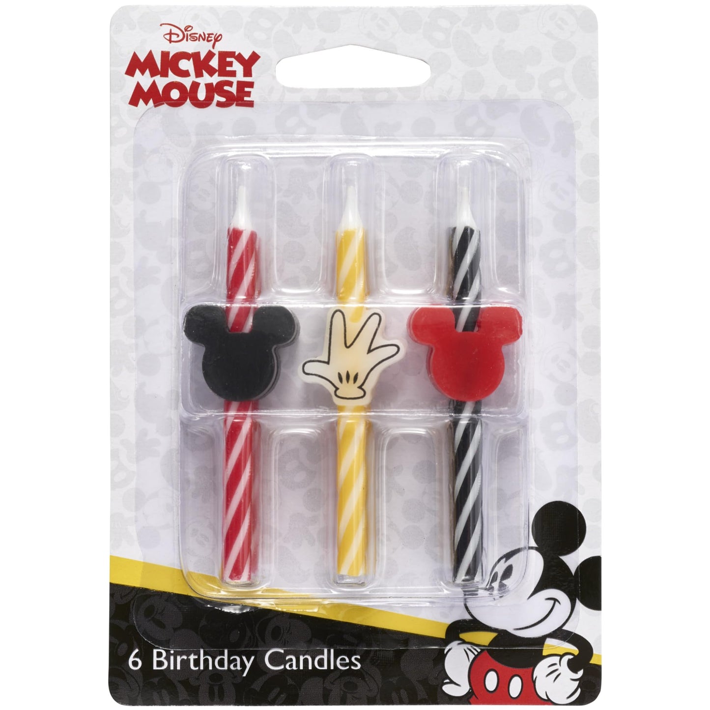 Disneys Mickey Mouse Birthday Cake Candles | 6 Birthday Candles for Cake Decorations, Red, Yellow & Black Stripe Candles for Mi