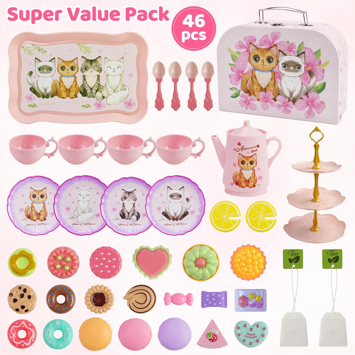 Motiloo 46pcs Cat Tea Party Set for Little Girls,Pretend Play Tea Set for Toddlers 3-8,Includes Plastics Tea Set, Desserts, and
