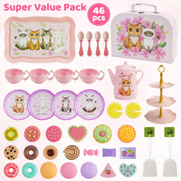 Motiloo 46pcs Cat Tea Party Set for Little Girls,Pretend Play Tea Set for Toddlers 3-8,Includes Plastics Tea Set, Desserts, and
