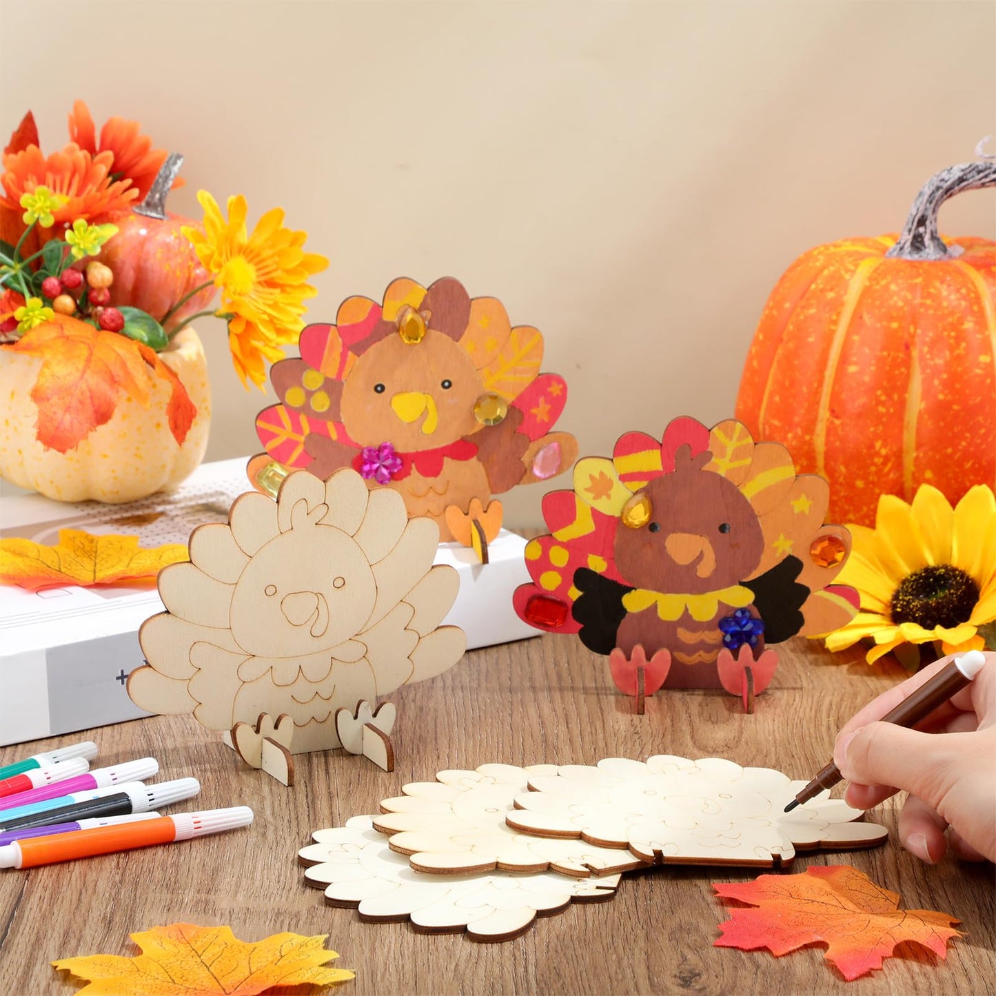 Blueweenly 48 Set Fall Thanksgiving Sitting Turkey Craft Kit for Kids DIY 3D Wooden Turkey Painting Kit with Watercolor Pens Acr