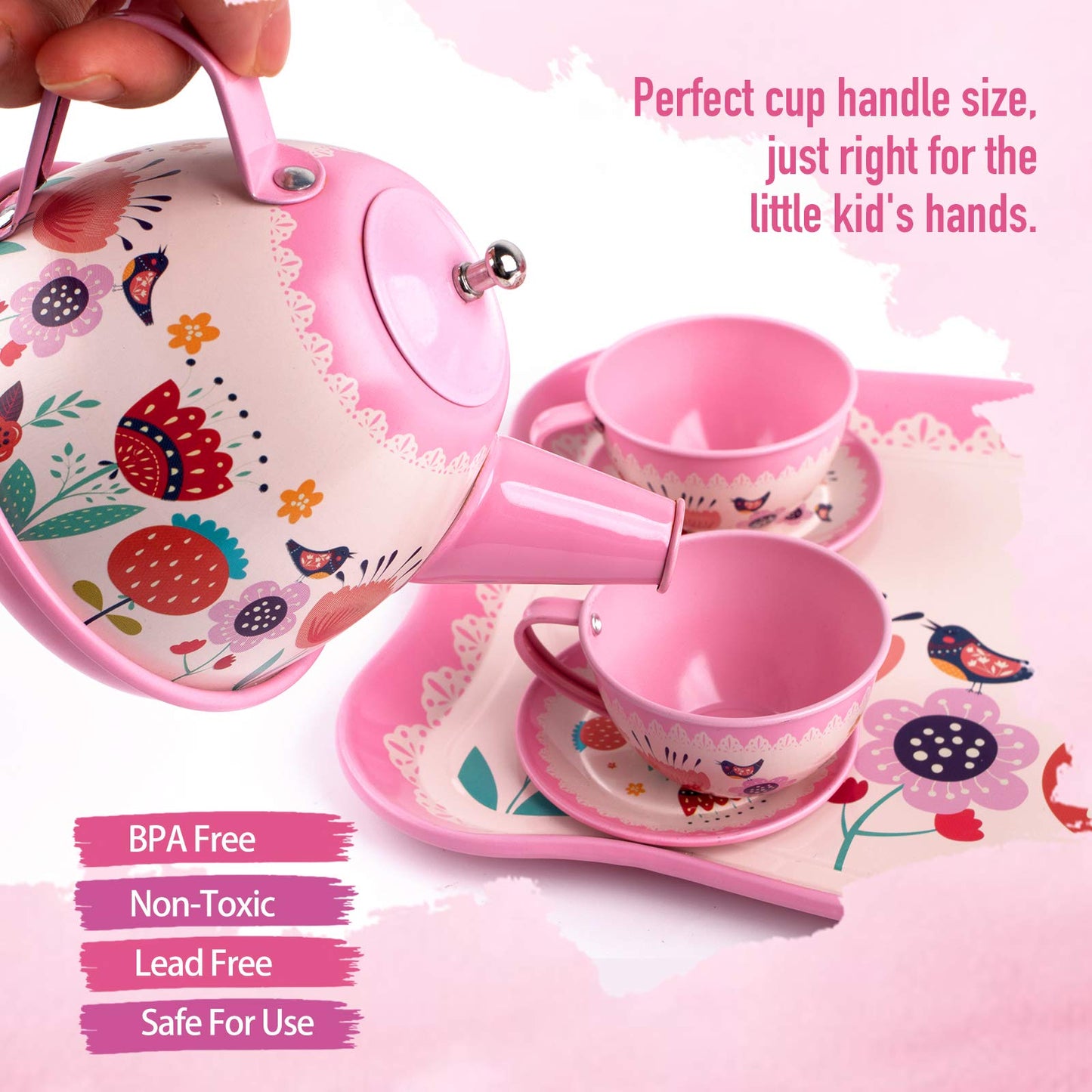 D-FantiX Pink Tin Tea Set for Kids - 15Pcs Toddler Tea Party Playset, Small Size, Includes Metal Teapots and Cups, Model AM-TG651-N-E