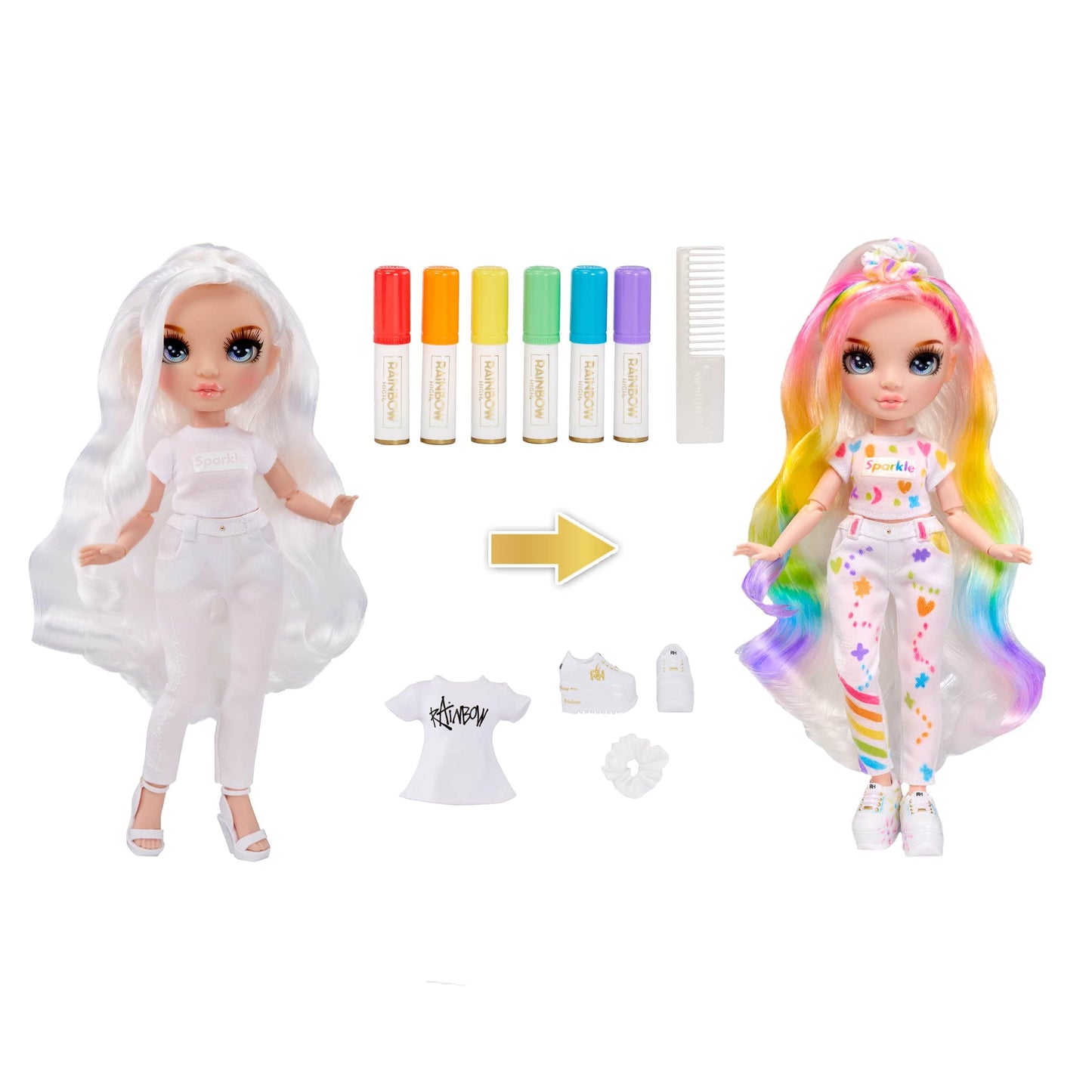 Rainbow High DIY Doll - Color & Create Fashion with Washable Markers, Blue Eyes, Straight Hair, Model 594123-C3, Rainbow Colors