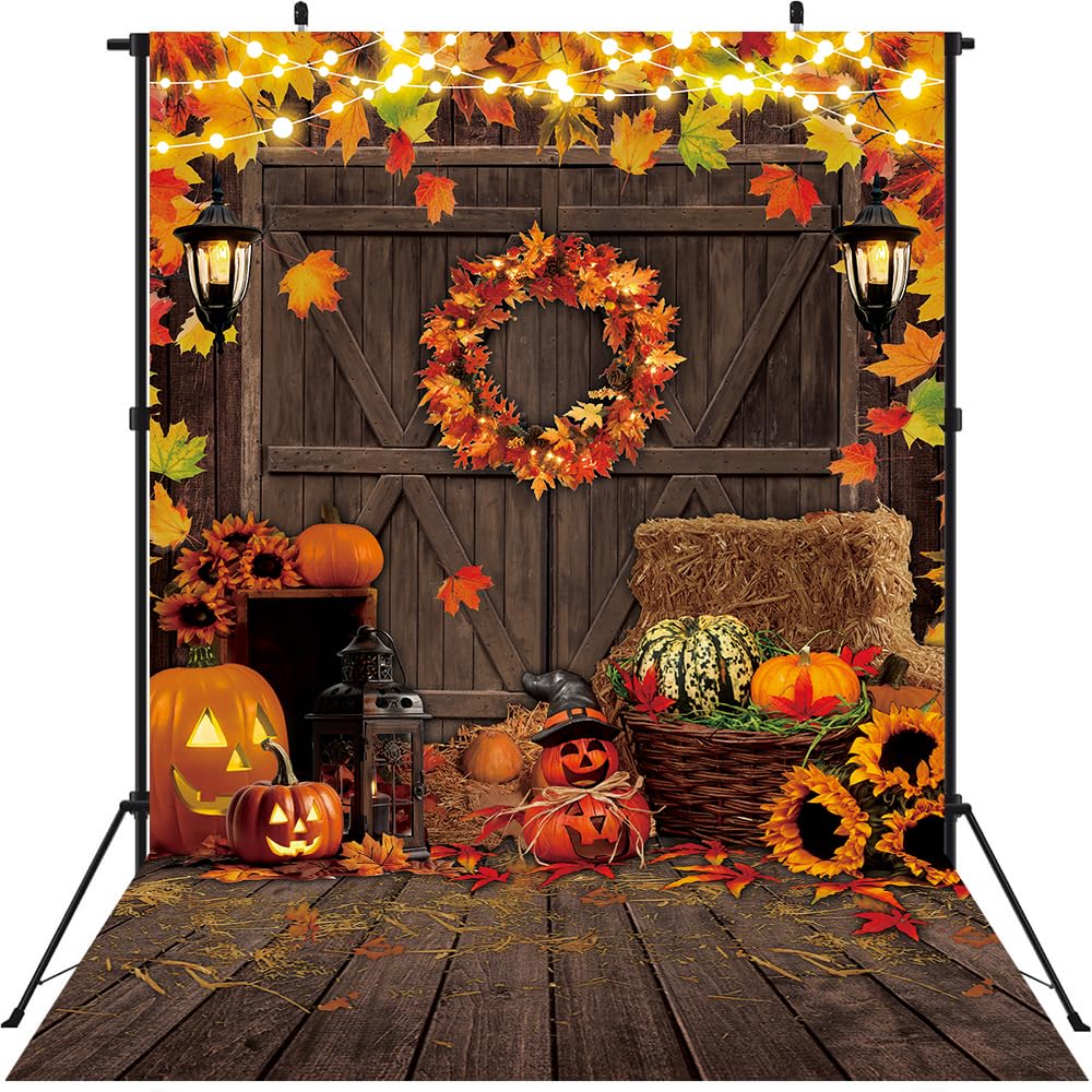 Happy Thanksgiving Backdrop 8x10FT Fall Rustic Wooden Floor Barn Maple Leaf Pumpkin Photography Background Thanksgiving Friendsg