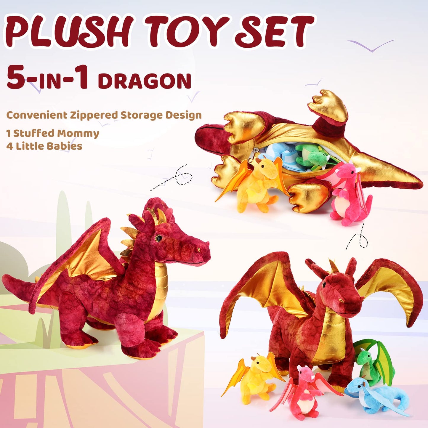 Lenwen 16 Inch Plush Dragon Stuffed Animals Set - Large Mommy Dragon with 4 Babies - Perfect for Easter, Birthdays, and Classroom Awards