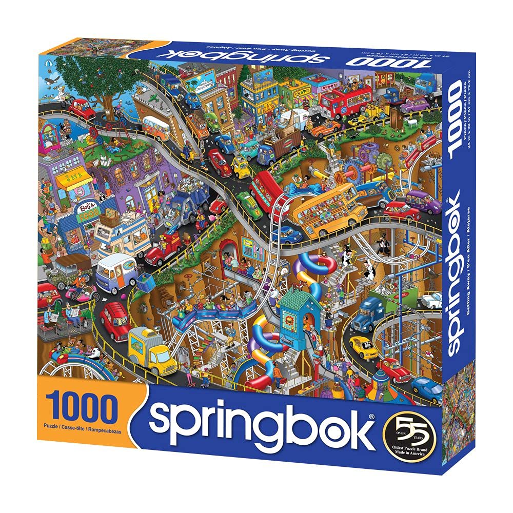 Springbok 1000 Piece Jigsaw Puzzle - Getting Away, Cartoon Transportation, Multi Color, Engineered Wood, Model 33-10796