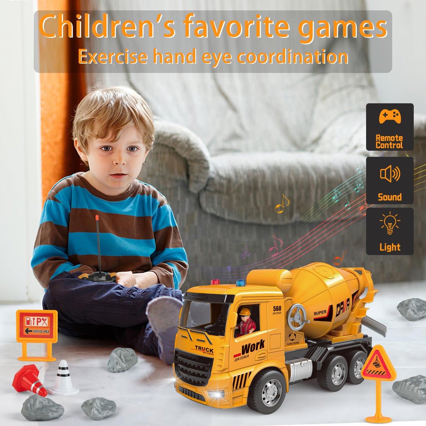 MQDMINI Cement Mixer Toy Truck - Children's Remote Control Truck, Toy Cement Mixer Rechargable Hydraulic Car for 6 7 8 9 Year Ol